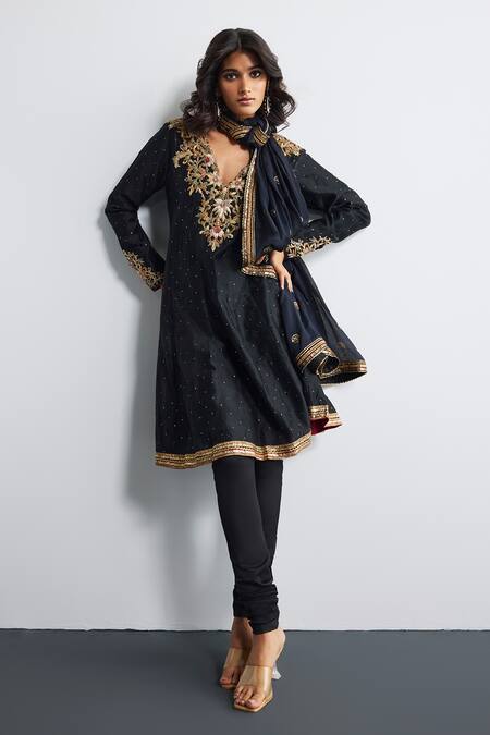 Shop RI.Ritu Kumar Black Silk, Chanderi, Satin, Lycra, Net Zari, Sequins, Designer Kurta Set Online at Aza Fashions Shop_RI.Ritu Kumar_Black Silk, Chanderi, Satin, Lycra, Net Zari, Sequins, Designer Kurta Set _Online_at_Aza_Fashions