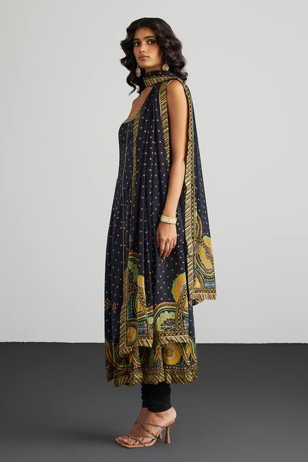 RI.Ritu Kumar Black Silk Satin, Viscose, Satin, Lycra, Chinon Embroidery Gaj Print Kurta Set Online at Aza Fashions RI.Ritu Kumar_Black Silk Satin, Viscose, Satin, Lycra, Chinon Embroidery Gaj Print Kurta Set _Online_at_Aza_Fashions