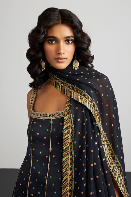 Shop RI.Ritu Kumar Black Silk Satin, Viscose, Satin, Lycra, Chinon Embroidery Gaj Print Kurta Set Online at Aza Fashions Shop_RI.Ritu Kumar_Black Silk Satin, Viscose, Satin, Lycra, Chinon Embroidery Gaj Print Kurta Set _Online_at_Aza_Fashions