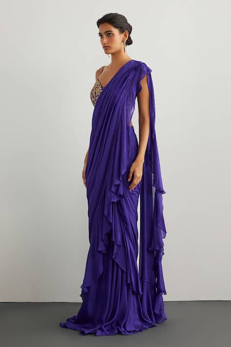 Buy RI.Ritu Kumar Purple Viscose, Silk Embroidery, Sequins Round Designer Drape Saree With Blouse Online at Aza Fashions Buy_RI.Ritu Kumar_Purple Viscose, Silk Embroidery, Sequins Round Designer Drape Saree With Blouse _Online_at_Aza_Fashions