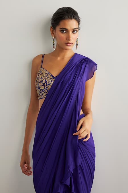 RI.Ritu Kumar Purple Viscose, Silk Embroidery, Sequins Round Designer Drape Saree With Blouse at Aza Fashions RI.Ritu Kumar_Purple Viscose, Silk Embroidery, Sequins Round Designer Drape Saree With Blouse _at_Aza_Fashions