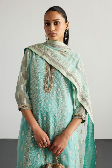 RI.Ritu Kumar Aqua Silk Organza, Viscose, Georgette, Net Embroidery Blue Lucknowi Kurta Set Online at Aza Fashions RI.Ritu Kumar_Aqua Silk Organza, Viscose, Georgette, Net Embroidery Blue Lucknowi Kurta Set _Online_at_Aza_Fashions