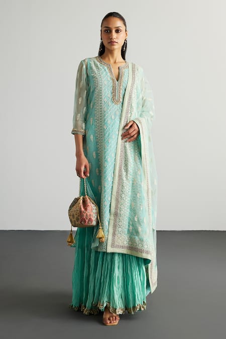 RI.Ritu Kumar Aqua Blue Lucknowi Kurta Set 