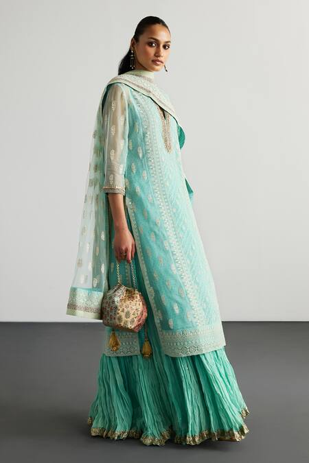 Buy RI.Ritu Kumar Aqua Silk Organza, Viscose, Georgette, Net Embroidery Blue Lucknowi Kurta Set Online at Aza Fashions Buy_RI.Ritu Kumar_Aqua Silk Organza, Viscose, Georgette, Net Embroidery Blue Lucknowi Kurta Set _Online_at_Aza_Fashions