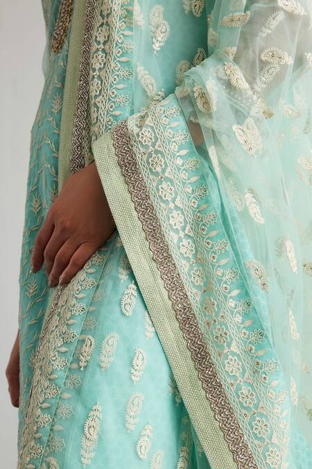 Shop RI.Ritu Kumar Aqua Silk Organza, Viscose, Georgette, Net Embroidery Blue Lucknowi Kurta Set Online at Aza Fashions Shop_RI.Ritu Kumar_Aqua Silk Organza, Viscose, Georgette, Net Embroidery Blue Lucknowi Kurta Set _Online_at_Aza_Fashions