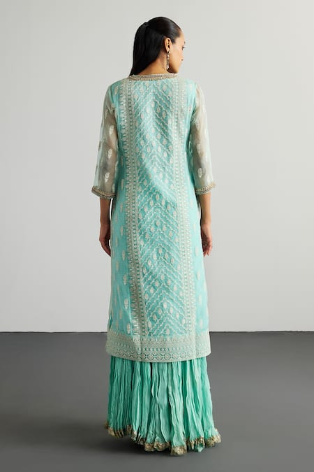 Shop RI.Ritu Kumar Aqua Silk Organza, Viscose, Georgette, Net Embroidery Blue Lucknowi Kurta Set at Aza Fashions Shop_RI.Ritu Kumar_Aqua Silk Organza, Viscose, Georgette, Net Embroidery Blue Lucknowi Kurta Set _at_Aza_Fashions