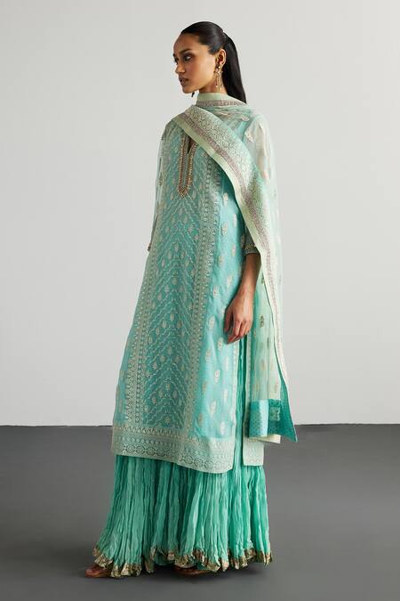 RI.Ritu Kumar Aqua Silk Organza, Viscose, Georgette, Net Embroidery Blue Lucknowi Kurta Set at Aza Fashions RI.Ritu Kumar_Aqua Silk Organza, Viscose, Georgette, Net Embroidery Blue Lucknowi Kurta Set _at_Aza_Fashions