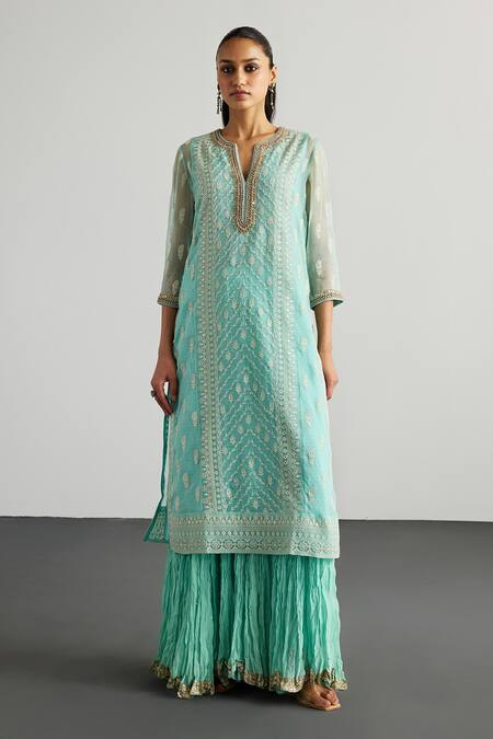 Buy RI.Ritu Kumar Aqua Silk Organza, Viscose, Georgette, Net Embroidery Blue Lucknowi Kurta Set Buy_RI.Ritu Kumar_Aqua Silk Organza, Viscose, Georgette, Net Embroidery Blue Lucknowi Kurta Set