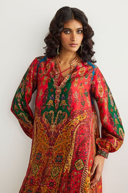 Shop_RI.Ritu Kumar_Red Embroidery Split V-neck Designer Jaisalmer Print Kurta _Online_at_Aza_Fashions