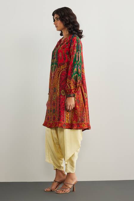 RI.Ritu Kumar_Red Embroidery Split V-neck Designer Jaisalmer Print Kurta _at_Aza_Fashions