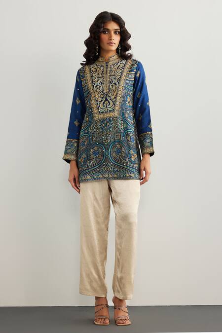 RI.Ritu Kumar Blue Embroidery Mandarin Collar Brocade Jamawar Kurta Online at Aza Fashions RI.Ritu Kumar_Blue Embroidery Mandarin Collar Brocade Jamawar Kurta _Online_at_Aza_Fashions