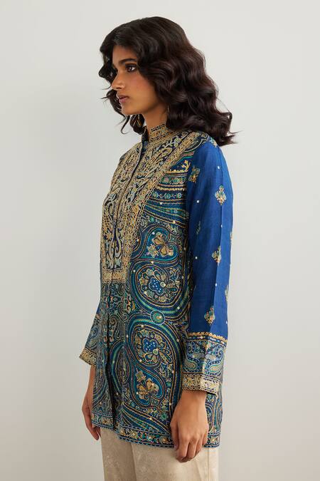 Buy RI.Ritu Kumar Blue Embroidery Mandarin Collar Brocade Jamawar Kurta Online at Aza Fashions Buy_RI.Ritu Kumar_Blue Embroidery Mandarin Collar Brocade Jamawar Kurta _Online_at_Aza_Fashions