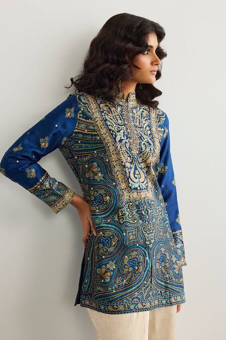 Shop RI.Ritu Kumar Blue Embroidery Mandarin Collar Brocade Jamawar Kurta Online at Aza Fashions Shop_RI.Ritu Kumar_Blue Embroidery Mandarin Collar Brocade Jamawar Kurta _Online_at_Aza_Fashions