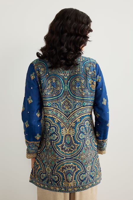 Shop RI.Ritu Kumar Blue Embroidery Mandarin Collar Brocade Jamawar Kurta at Aza Fashions Shop_RI.Ritu Kumar_Blue Embroidery Mandarin Collar Brocade Jamawar Kurta _at_Aza_Fashions