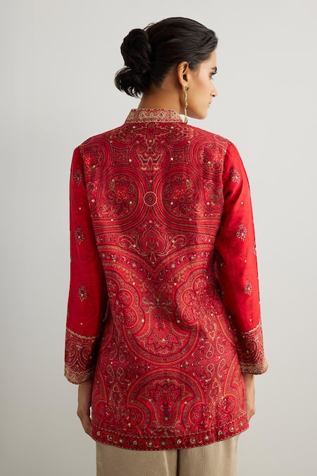 Shop RI.Ritu Kumar Red Embroidery Mandarin Collar Brocade Jamawar Kurta at Aza Fashions Shop_RI.Ritu Kumar_Red Embroidery Mandarin Collar Brocade Jamawar Kurta _at_Aza_Fashions
