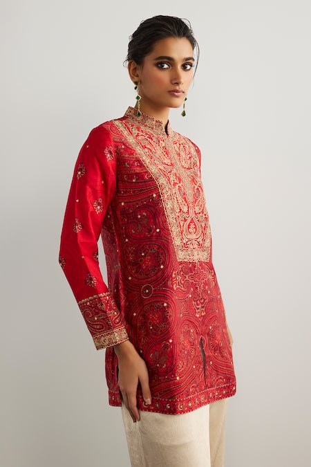 Shop RI.Ritu Kumar Red Embroidery Mandarin Collar Brocade Jamawar Kurta Online at Aza Fashions Shop_RI.Ritu Kumar_Red Embroidery Mandarin Collar Brocade Jamawar Kurta _Online_at_Aza_Fashions