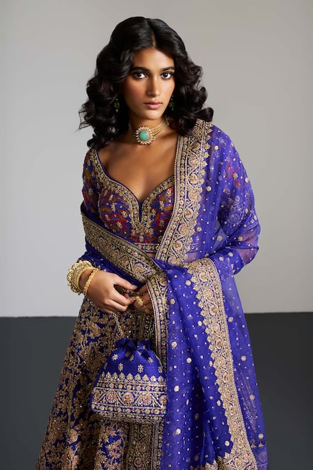 RI.Ritu Kumar_Purple , Organza Sequins, Embroidery Round Neck Gold Lehenga Set _Online_at_Aza_Fashions