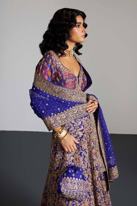 Buy_RI.Ritu Kumar_Purple , Organza Sequins, Embroidery Round Neck Gold Lehenga Set _Online_at_Aza_Fashions