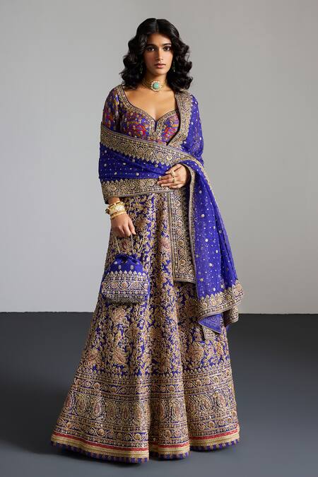 RI.Ritu Kumar_Purple , Organza Sequins, Embroidery Round Neck Gold Lehenga Set _at_Aza_Fashions