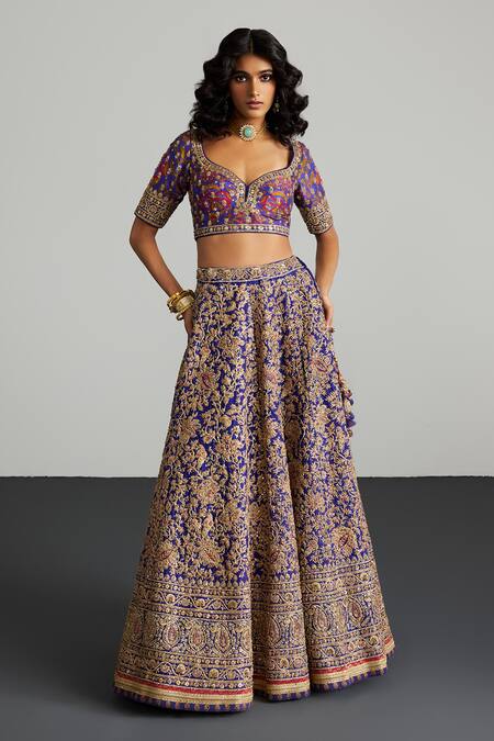 Shop_RI.Ritu Kumar_Purple , Organza Sequins, Embroidery Round Neck Gold Lehenga Set 