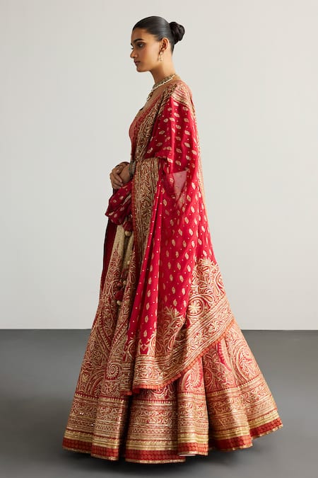 Buy_RI.Ritu Kumar_Off White Silk, Chinon Zari, Embroidery, Tassels Round Designer Red Lehenga Set _Online_at_Aza_Fashions