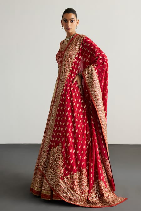 Shop_RI.Ritu Kumar_Off White Silk, Chinon Zari, Embroidery, Tassels Round Designer Red Lehenga Set _Online_at_Aza_Fashions