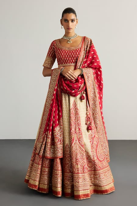 RI.Ritu Kumar Designer Offwhite Red Lehenga Set 