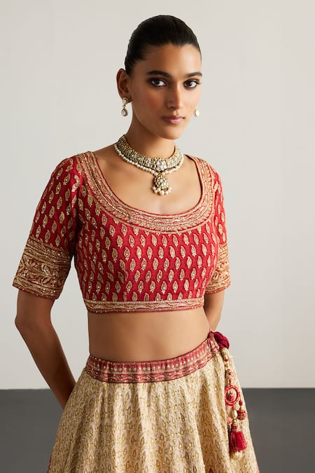 RI.Ritu Kumar_Off White Silk, Chinon Zari, Embroidery, Tassels Round Designer Red Lehenga Set _at_Aza_Fashions