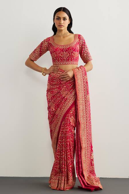 RI.Ritu Kumar_Fuchsia Silk, Crepe Embroidery Designer Kulah Print Saree _Online_at_Aza_Fashions