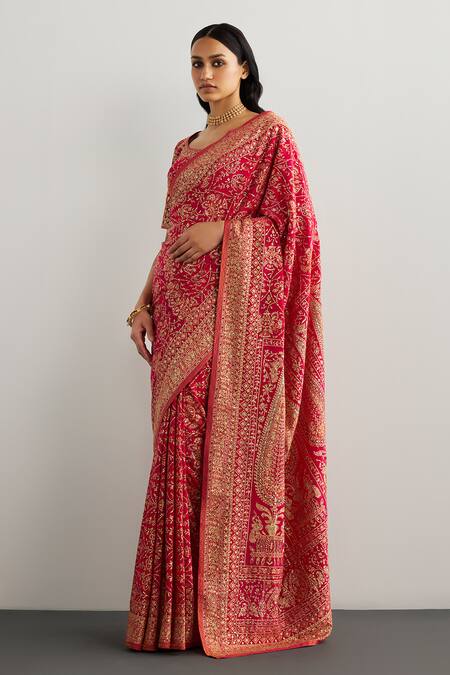 RI.Ritu Kumar_Fuchsia Silk, Crepe Embroidery Designer Kulah Print Saree _at_Aza_Fashions