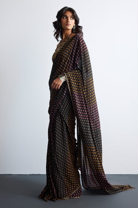 RI.Ritu Kumar Black Viscose, Polyester, Chinon Embroidery Multi Print Designer Saree Set Online at Aza Fashions RI.Ritu Kumar_Black Viscose, Polyester, Chinon Embroidery Multi Print Designer Saree Set _Online_at_Aza_Fashions