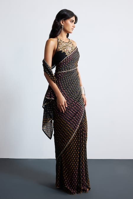 RI.Ritu Kumar Black Viscose, Polyester, Chinon Embroidery Multi Print Designer Saree Set at Aza Fashions RI.Ritu Kumar_Black Viscose, Polyester, Chinon Embroidery Multi Print Designer Saree Set _at_Aza_Fashions