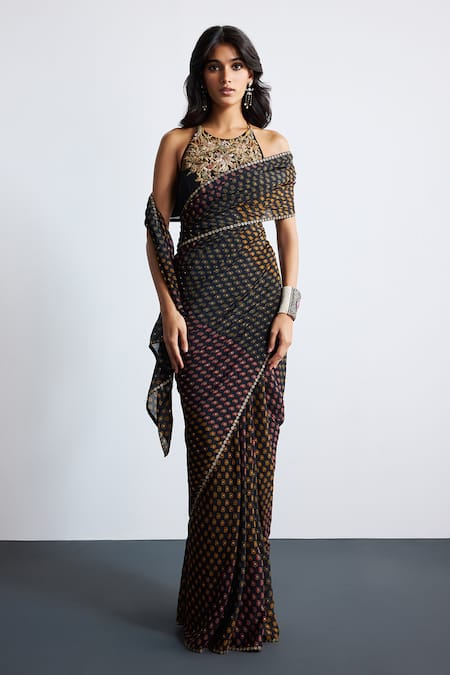 Buy RI.Ritu Kumar Black Viscose, Polyester, Chinon Embroidery Multi Print Designer Saree Set Buy_RI.Ritu Kumar_Black Viscose, Polyester, Chinon Embroidery Multi Print Designer Saree Set