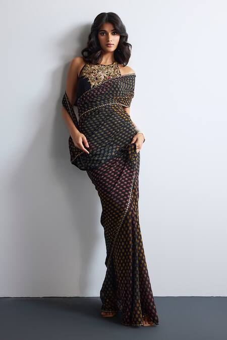 Shop RI.Ritu Kumar Black Viscose, Polyester, Chinon Embroidery Multi Print Designer Saree Set Shop_RI.Ritu Kumar_Black Viscose, Polyester, Chinon Embroidery Multi Print Designer Saree Set