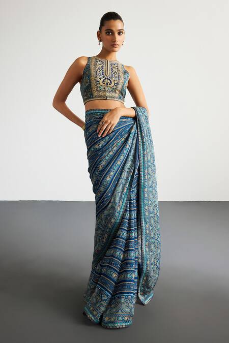 RI.Ritu Kumar Blue Viscose, Silk, Chinon, Crepe Embroidery Beige Brocade Jamawar Saree Set Online at Aza Fashions RI.Ritu Kumar_Blue Viscose, Silk, Chinon, Crepe Embroidery Beige Brocade Jamawar Saree Set _Online_at_Aza_Fashions