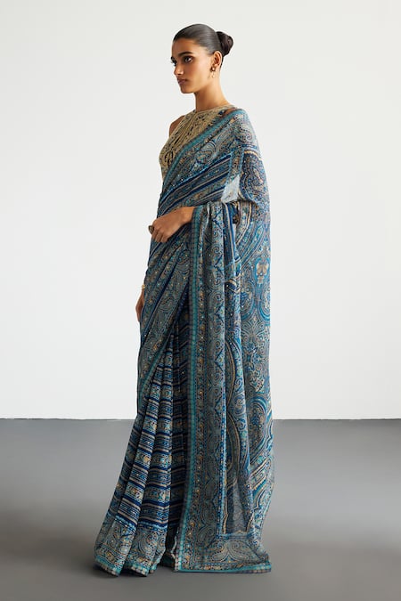 Buy RI.Ritu Kumar Blue Viscose, Silk, Chinon, Crepe Embroidery Beige Brocade Jamawar Saree Set Online at Aza Fashions Buy_RI.Ritu Kumar_Blue Viscose, Silk, Chinon, Crepe Embroidery Beige Brocade Jamawar Saree Set _Online_at_Aza_Fashions