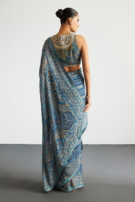 Shop RI.Ritu Kumar Blue Viscose, Silk, Chinon, Crepe Embroidery Beige Brocade Jamawar Saree Set at Aza Fashions Shop_RI.Ritu Kumar_Blue Viscose, Silk, Chinon, Crepe Embroidery Beige Brocade Jamawar Saree Set _at_Aza_Fashions