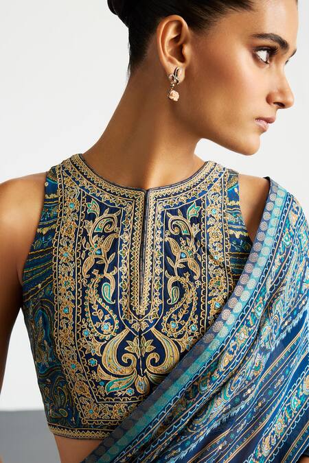 Shop RI.Ritu Kumar Blue Viscose, Silk, Chinon, Crepe Embroidery Beige Brocade Jamawar Saree Set Online at Aza Fashions Shop_RI.Ritu Kumar_Blue Viscose, Silk, Chinon, Crepe Embroidery Beige Brocade Jamawar Saree Set _Online_at_Aza_Fashions