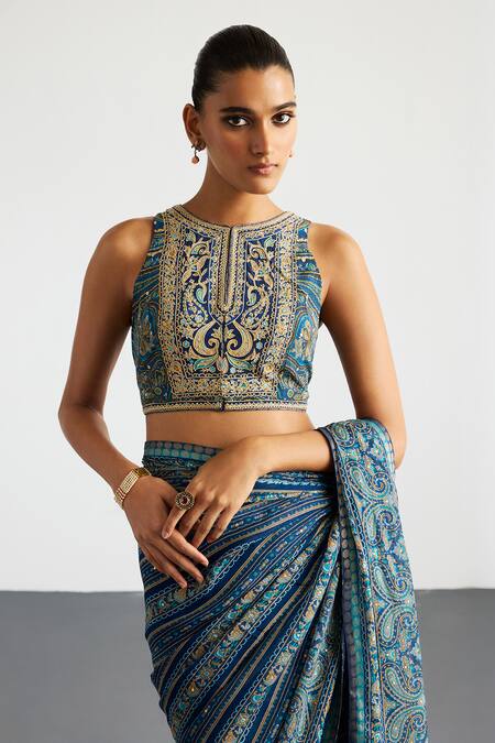 RI.Ritu Kumar Blue Viscose, Silk, Chinon, Crepe Embroidery Beige Brocade Jamawar Saree Set at Aza Fashions RI.Ritu Kumar_Blue Viscose, Silk, Chinon, Crepe Embroidery Beige Brocade Jamawar Saree Set _at_Aza_Fashions