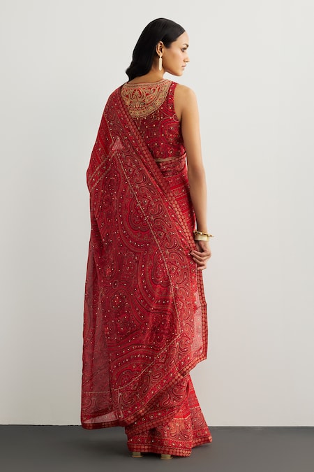 Shop RI.Ritu Kumar Red Viscose, Silk, Chinon, Crepe Embroidery Round Brocade Jamawar Saree Set at Aza Fashions Shop_RI.Ritu Kumar_Red Viscose, Silk, Chinon, Crepe Embroidery Round Brocade Jamawar Saree Set _at_Aza_Fashions