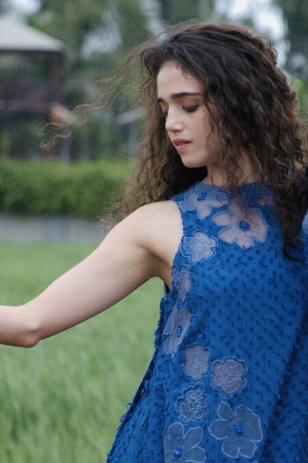 Shop She'll Blue Cotton Embroidery Round Neck Fringe Dobby Top And Shorts Set Online at Aza Fashions Shop_She'll_Blue Cotton Embroidery Round Neck Fringe Dobby Top And Shorts Set _Online_at_Aza_Fashions