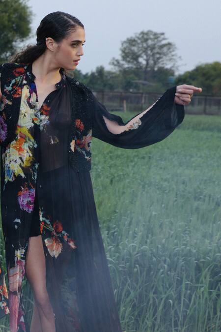 She'll_Black Chiffon Beads Collared, Open Neck Floral Shirt Vest Shorts Set _Online_at_Aza_Fashions