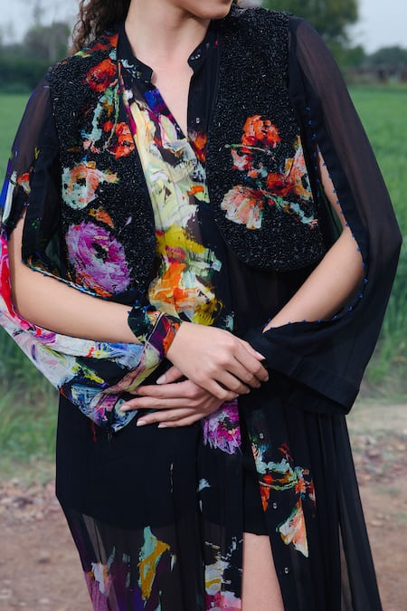 She'll_Black Chiffon Beads Collared, Open Neck Floral Shirt Vest Shorts Set _at_Aza_Fashions