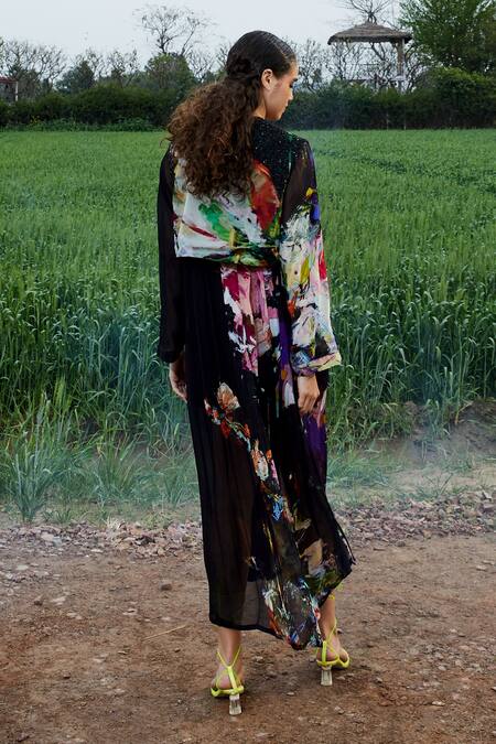 She'll Black Floral Chiffon Shirt Vest Shorts Set 