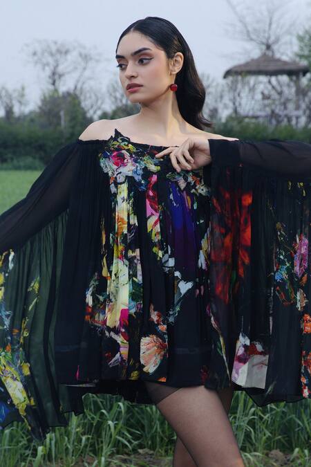She'll_Black Chiffon Off-shoulder Floral Print Dress _Online_at_Aza_Fashions