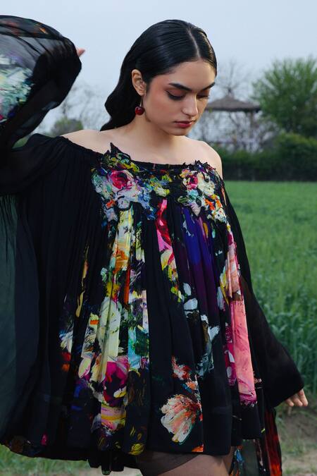 Buy_She'll_Black Chiffon Off-shoulder Floral Print Dress _Online_at_Aza_Fashions