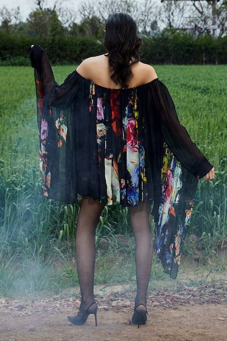She'll Floral Print Black Chiffon Dress 