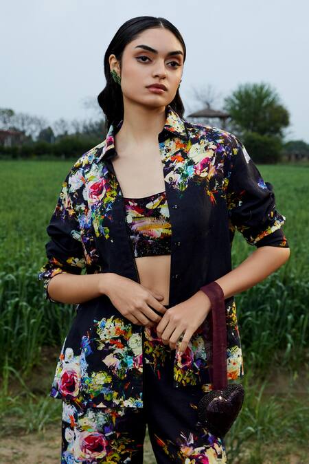 Buy_She'll_Black Linen, Chiffon Collared, Sweetheart Neck Floral Print Shirt And Pant Set _Online_at_Aza_Fashions