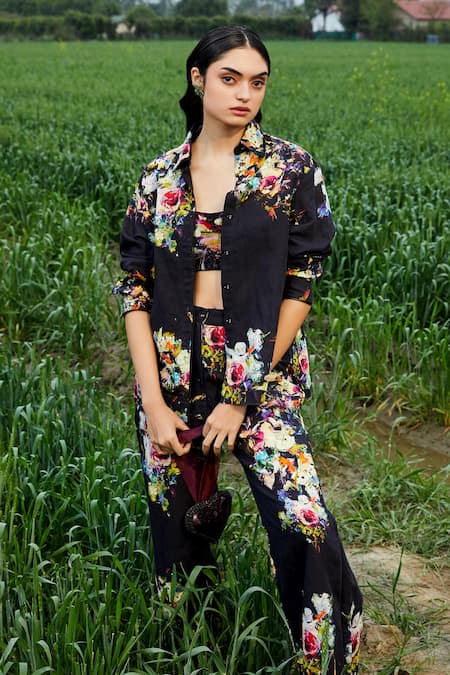 Shop_She'll_Black Linen, Chiffon Collared, Sweetheart Neck Floral Print Shirt And Pant Set _Online_at_Aza_Fashions