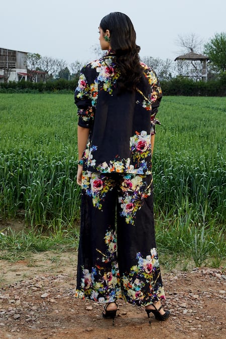 She'll Black Floral Print Shirt & Pant Set 